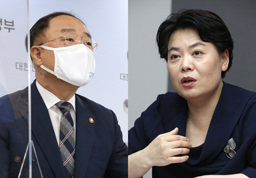 홍남기(왼쪽) 경제부총리 겸 기획재정부 장관, 윤희숙(오른쪽) 국민의힘 의원.연합뉴스 사진 갈무리